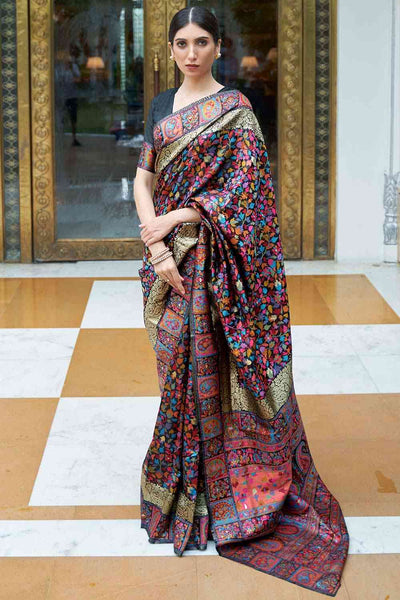 Buy Simi Multi Silk Blend Floral Woven Design Phulkari One Minute Saree Online - One Minute Saree