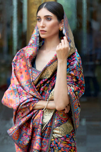 Shop Simi Multi Silk Blend Floral Woven Design Phulkari One Minute Saree at best offer at our  Store - One Minute Saree