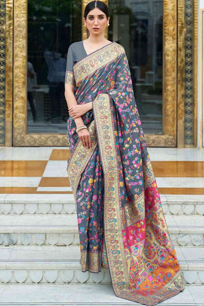 Buy Neha Multicolor & Grey Silk Blend Floral Phulkari One Minute Saree Online - One Minute Saree