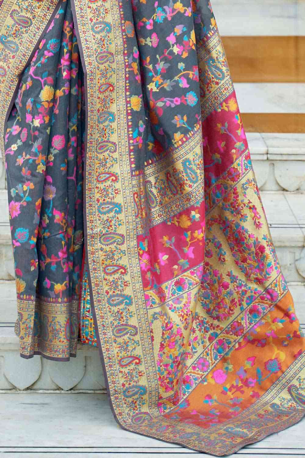 Buy Neha Multicolor & Grey Silk Blend Floral Phulkari One Minute Saree Online