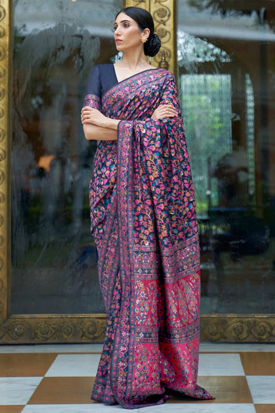 Buy Camilla Multi-Color Silk Blend Floral Woven Design Phulkari One Minute Saree Online - One Minute Saree