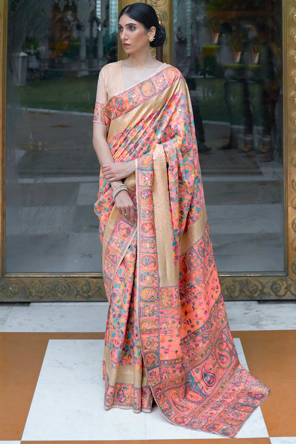 Buy Tina Peach Silk Blend Floral Woven Design Phulkari One Minute Saree Online - One Minute Saree