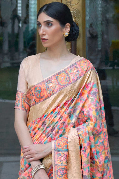 Shop Tina Peach Silk Blend Floral Woven Design Phulkari One Minute Saree at best offer at our  Store - One Minute Saree