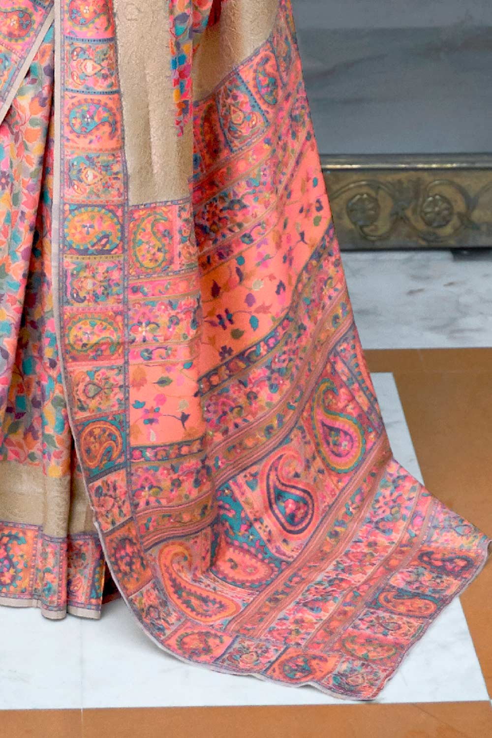 Buy Tina Peach Silk Blend Floral Woven Design Phulkari One Minute Saree Online