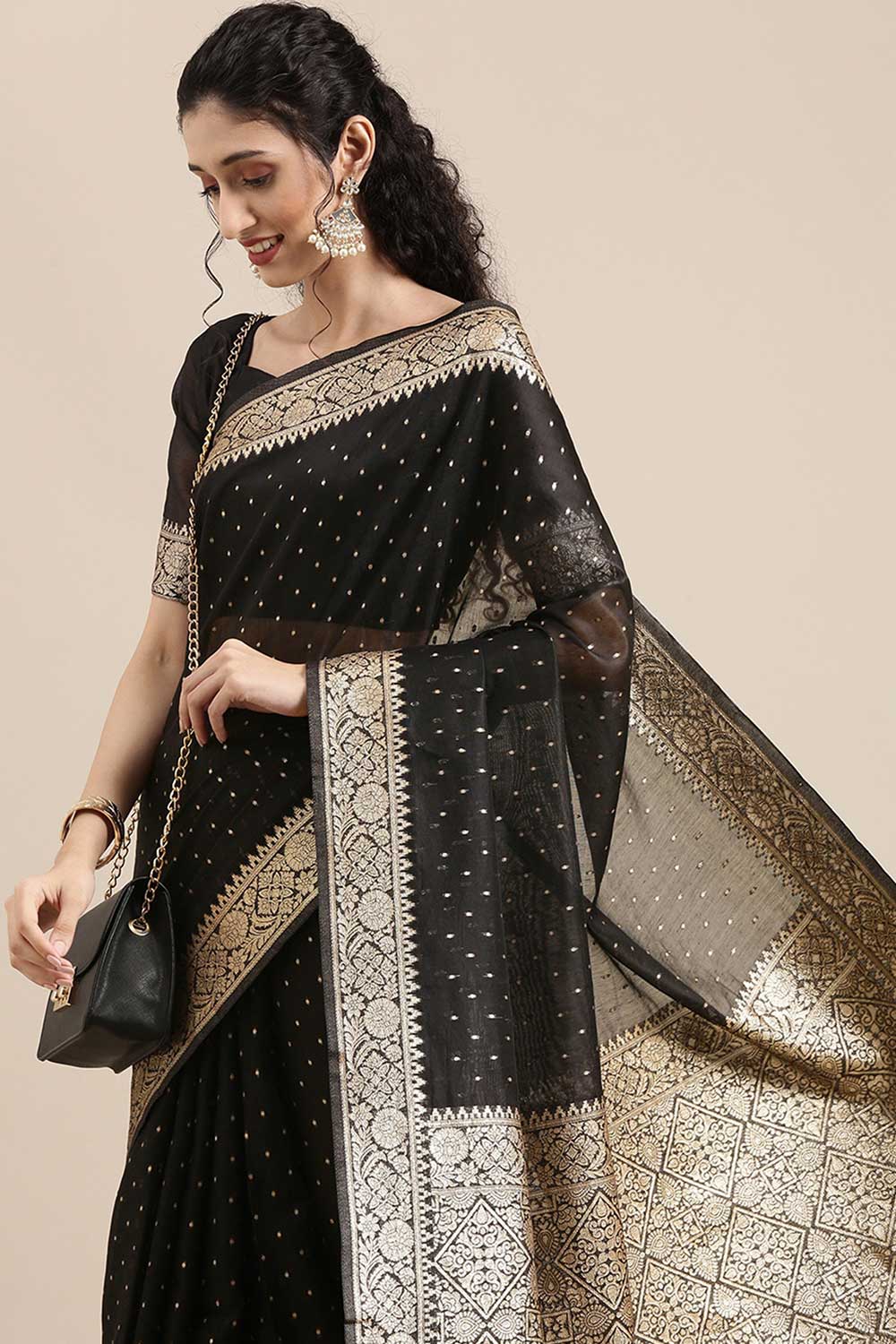 Buy Lata Black Polka Dot Modal One Minute Saree Online