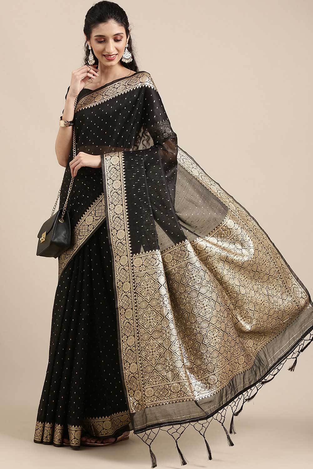 Buy Lata Black Polka Dot Modal One Minute Saree Online - One Minute Saree
