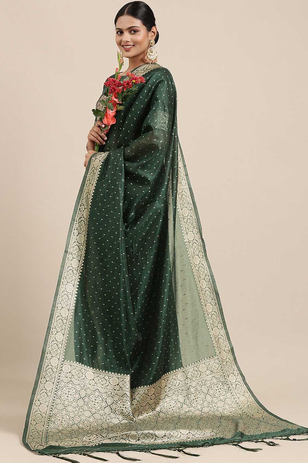 Buy Janice Teal green Polka Dot Modal One Minute Saree Online