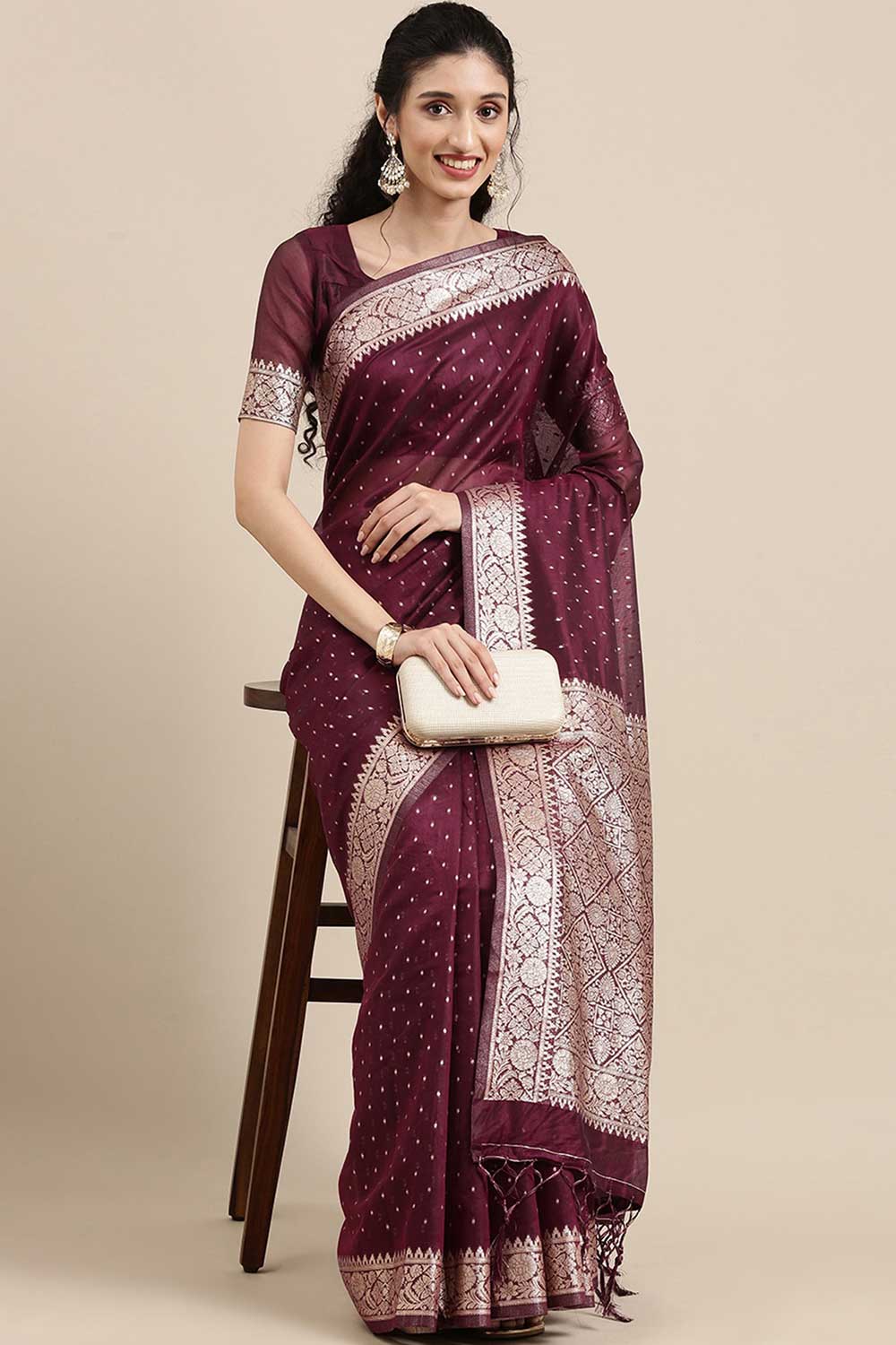 Buy Burgundy Polka Dot Modal One Minute Saree Online - One Minute Saree