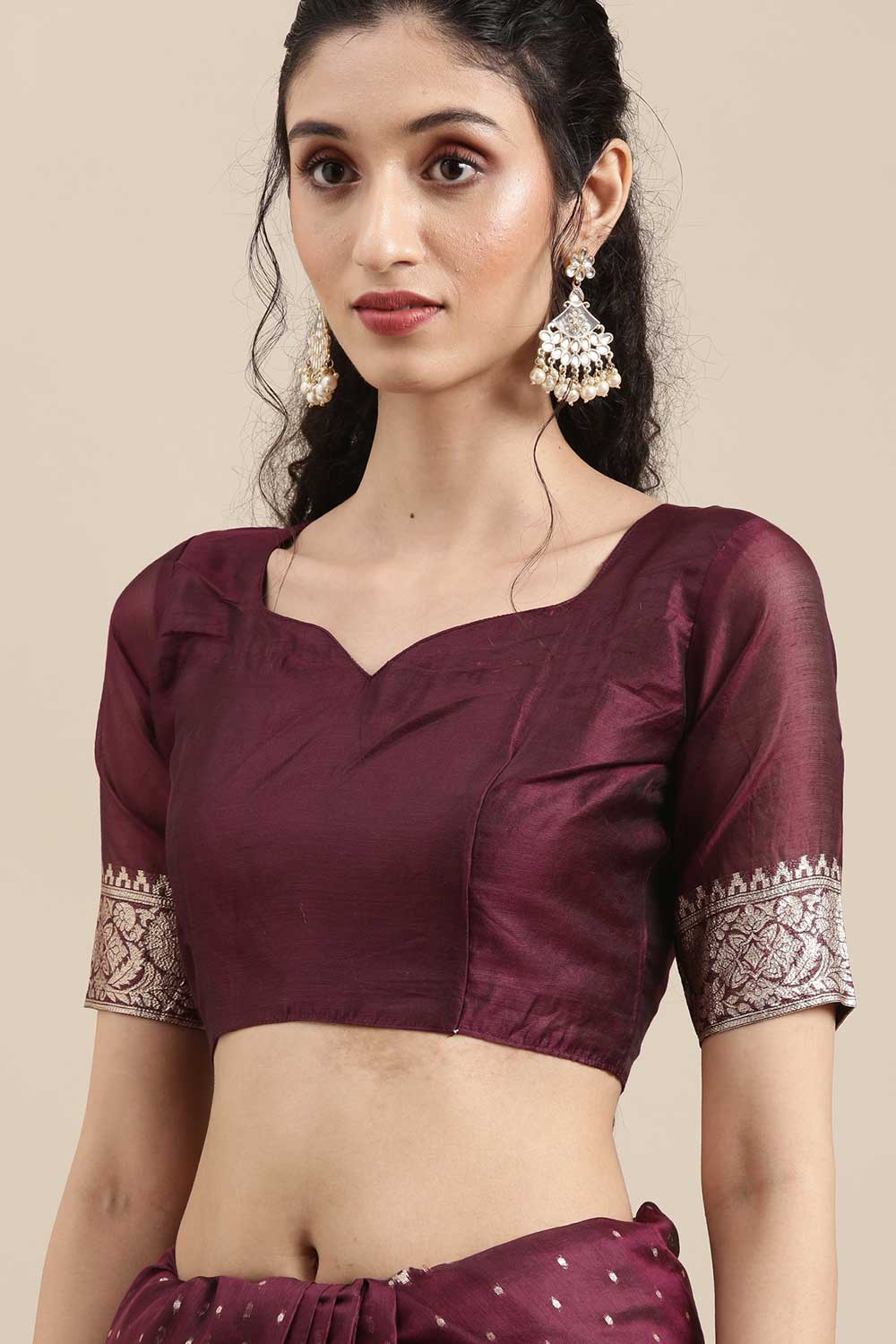 Buy Burgundy Polka Dot Modal One Minute Saree Online - Front