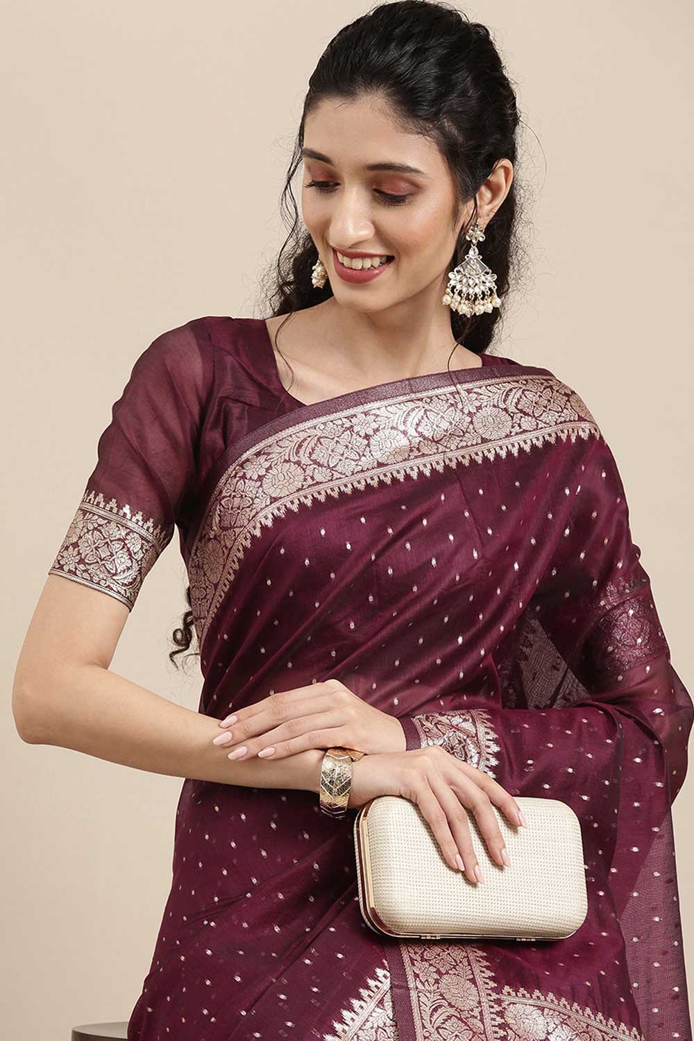 Buy Burgundy Polka Dot Modal One Minute Saree Online