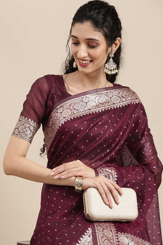 Buy Burgundy Polka Dot Modal One Minute Saree Online
