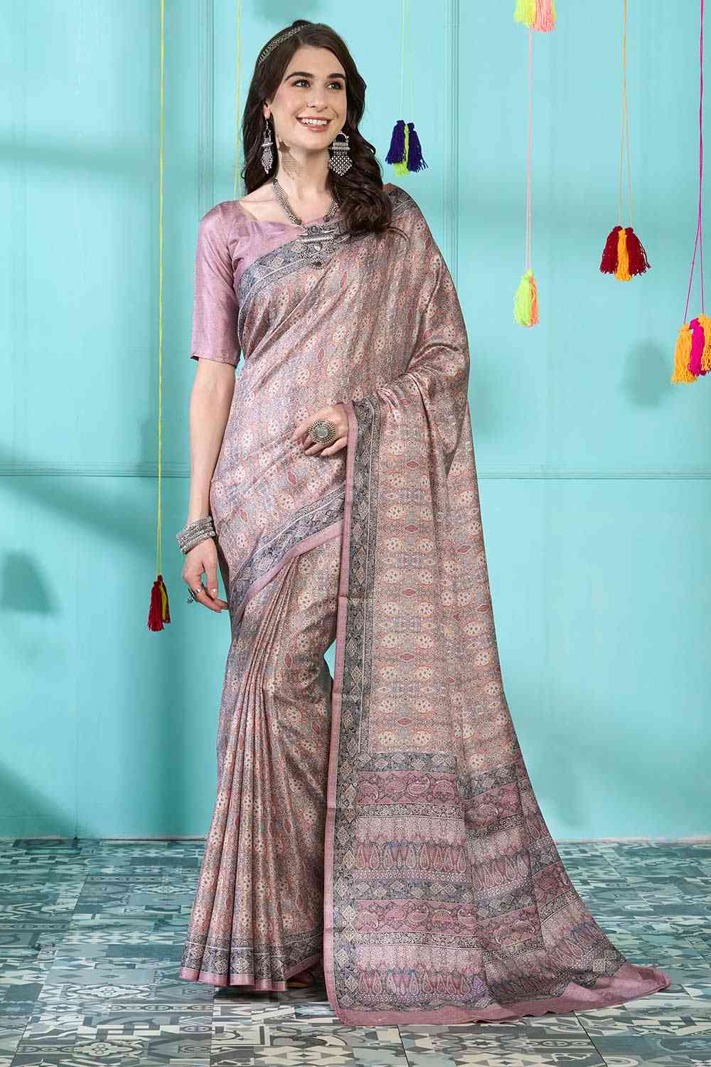 Buy Taupe Pashmina Silk Paisley Bagh One Minute Saree Online - One Minute Saree