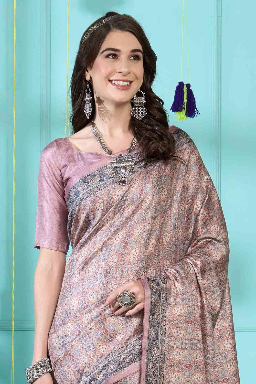 Buy Taupe Pashmina Silk Paisley Bagh One Minute Saree Online - Back