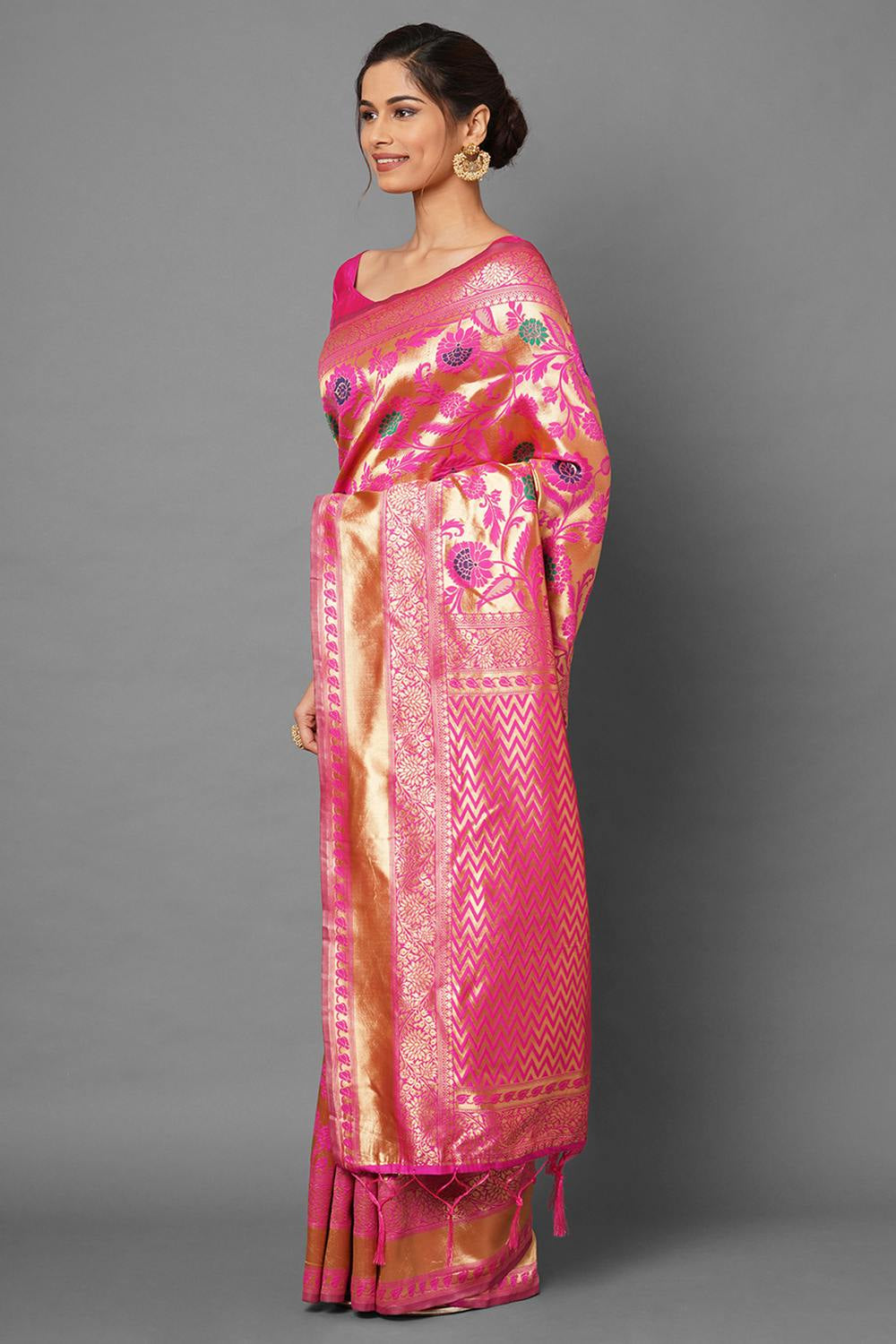 Buy Jesse Pink Woven Nylon Silk One Minute Saree Online - Front