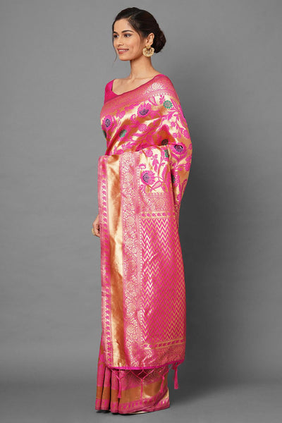 Buy Jesse Pink Woven Nylon Silk One Minute Saree Online - Front