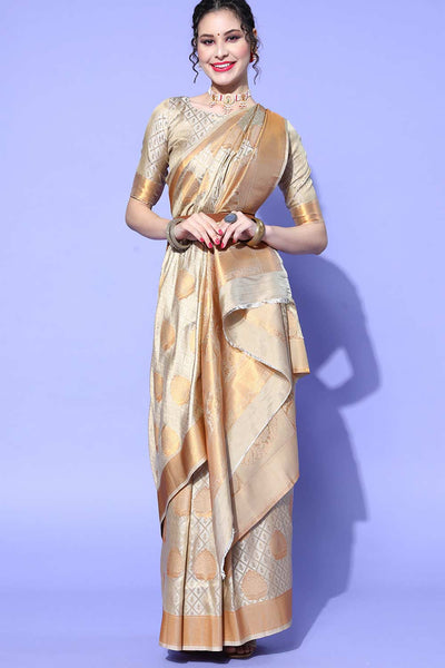 Buy Simone Grey Art Silk Paisley Design Banarasi One Minute Saree Online - One Minute Saree
