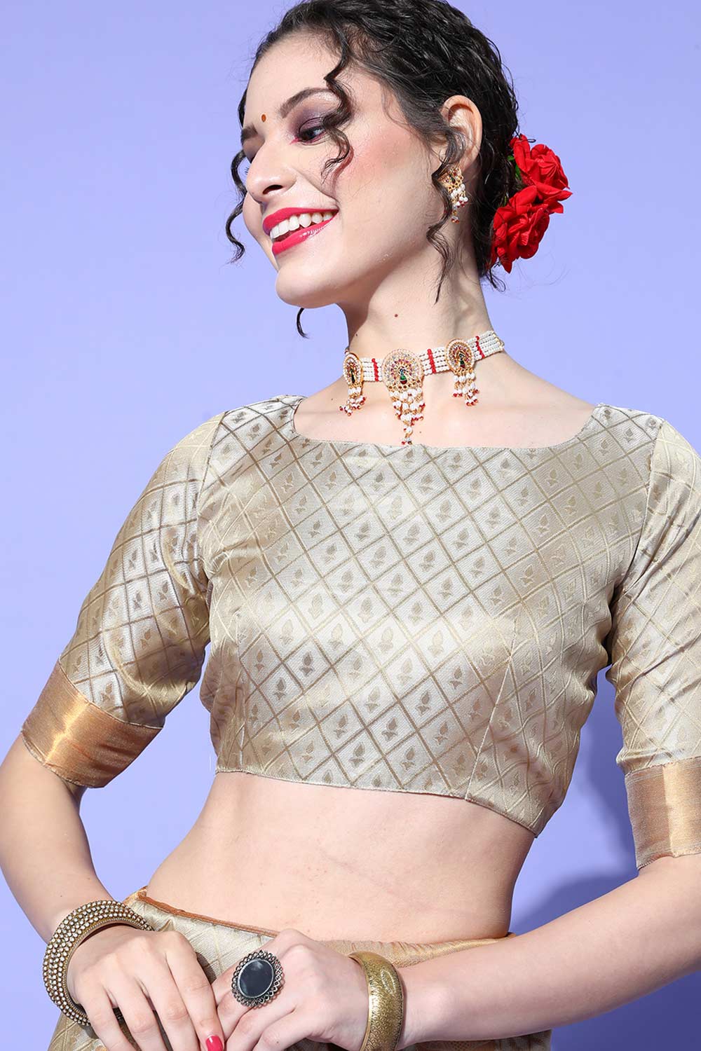 Buy Simone Grey Art Silk Paisley Design Banarasi One Minute Saree Online - Front