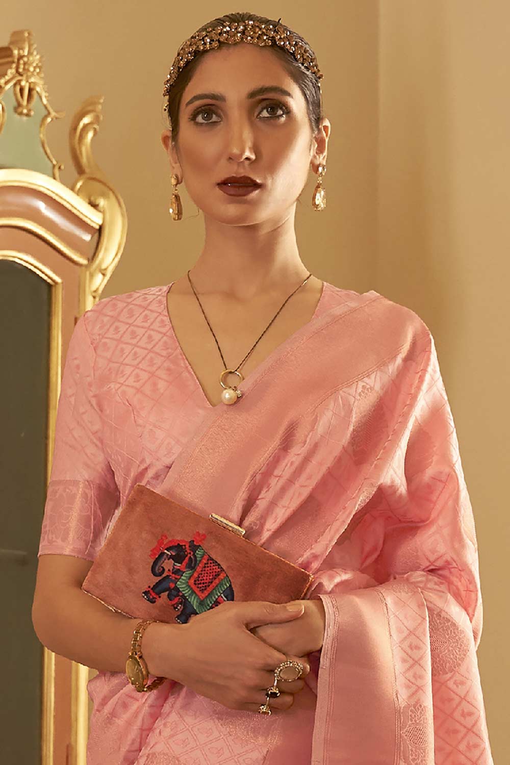 Shop Pasha Peach Art Silk Paisley Design Banarasi One Minute Saree at best offer at our  Store - One Minute Saree