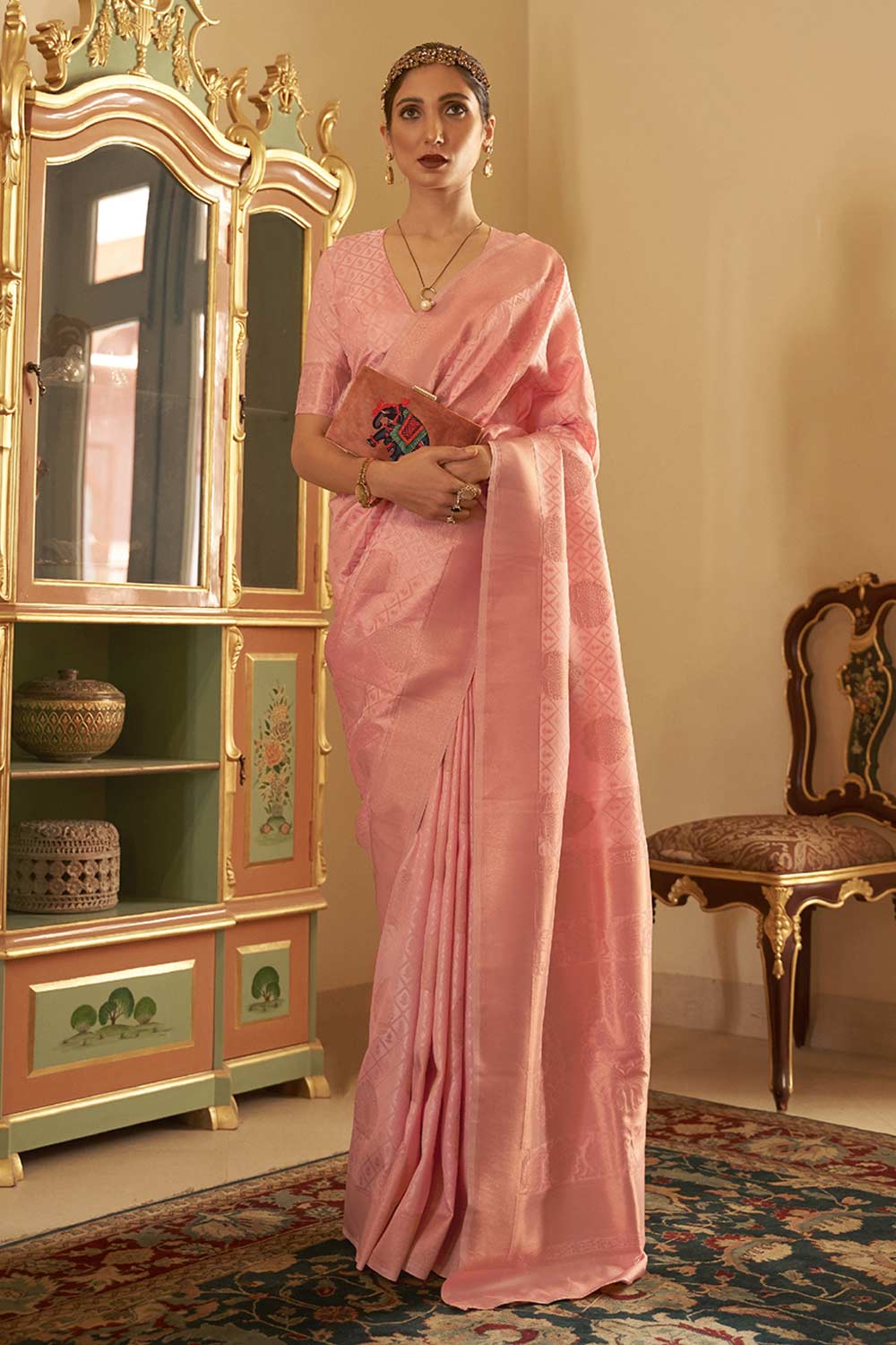 Buy Pasha Peach Art Silk Paisley Design Banarasi One Minute Saree Online - One Minute Saree