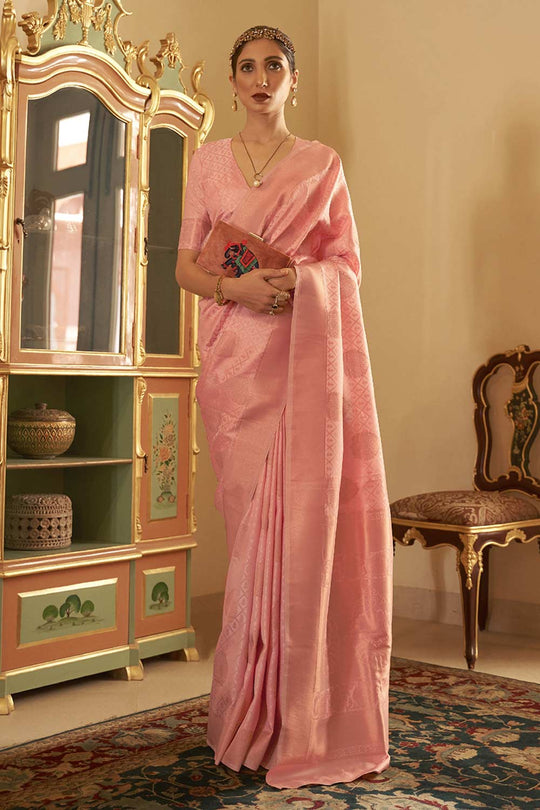 Buy Pasha Peach Art Silk Paisley Design Banarasi One Minute Saree Online - One Minute Saree