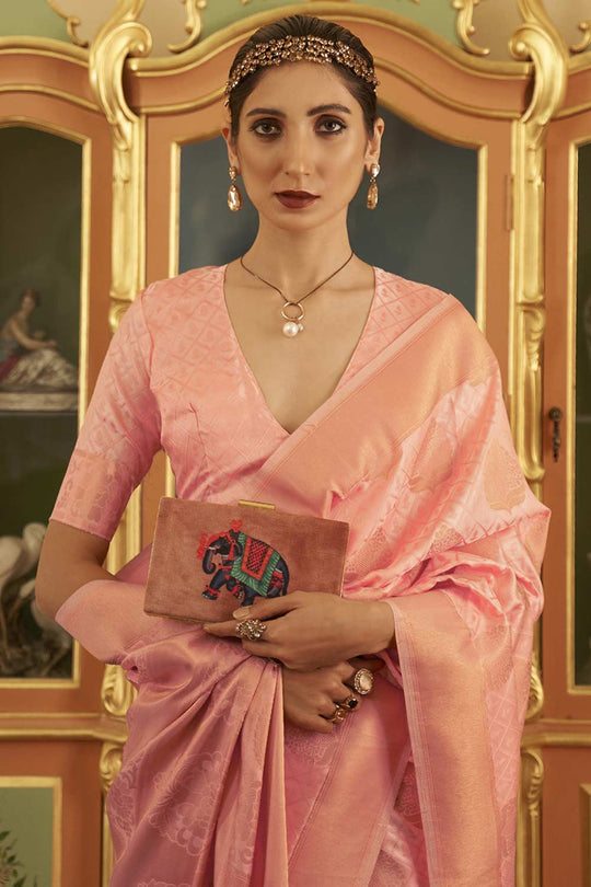 Buy Pasha Peach Art Silk Paisley Design Banarasi One Minute Saree Online