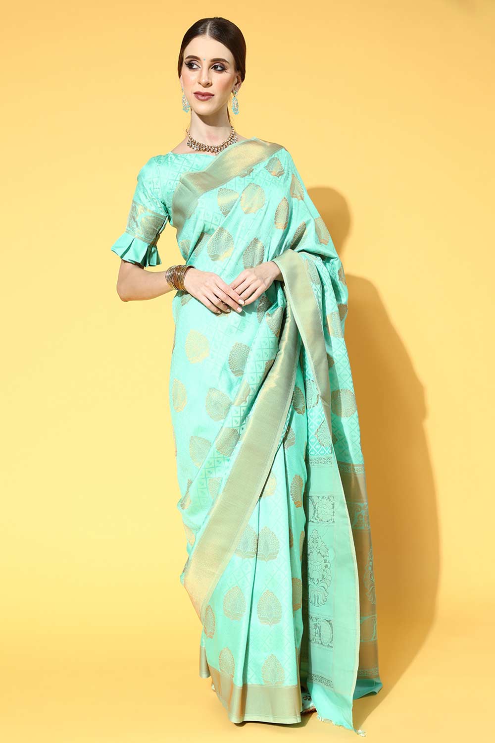 Buy Noor Sea Green Art Silk Paisley Design Banarasi One Minute Saree Online - One Minute Saree