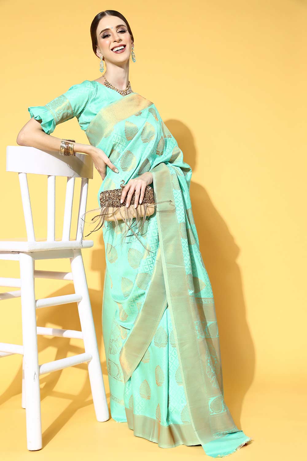 Buy Noor Sea Green Art Silk Paisley Design Banarasi One Minute Saree Online