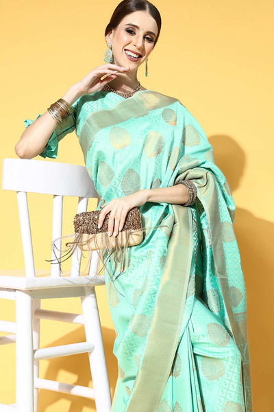 Buy Noor Sea Green Art Silk Paisley Design Banarasi One Minute Saree Online - Back