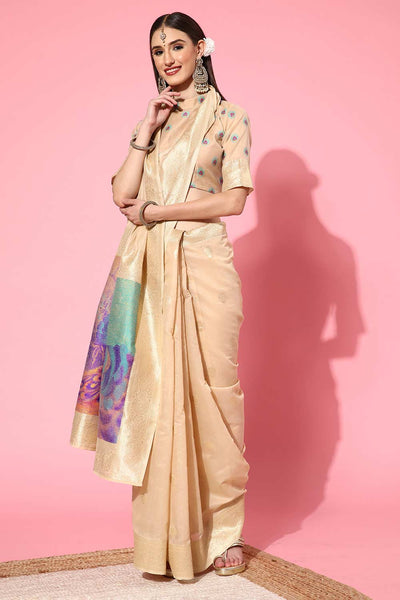Buy Cyndi Cream Art Silk Peacock Design Banarasi One Minute Saree Online - One Minute Saree