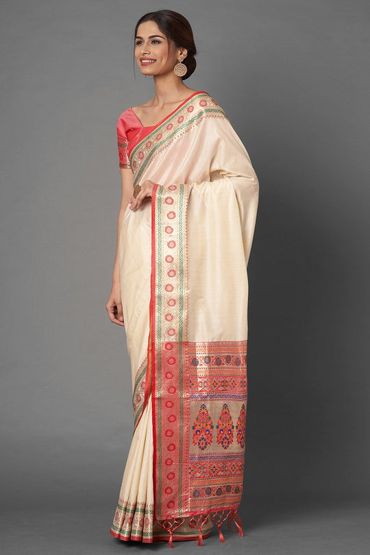 Buy Aliya Cream Woven Silk Blend One Minute Saree Online - Front