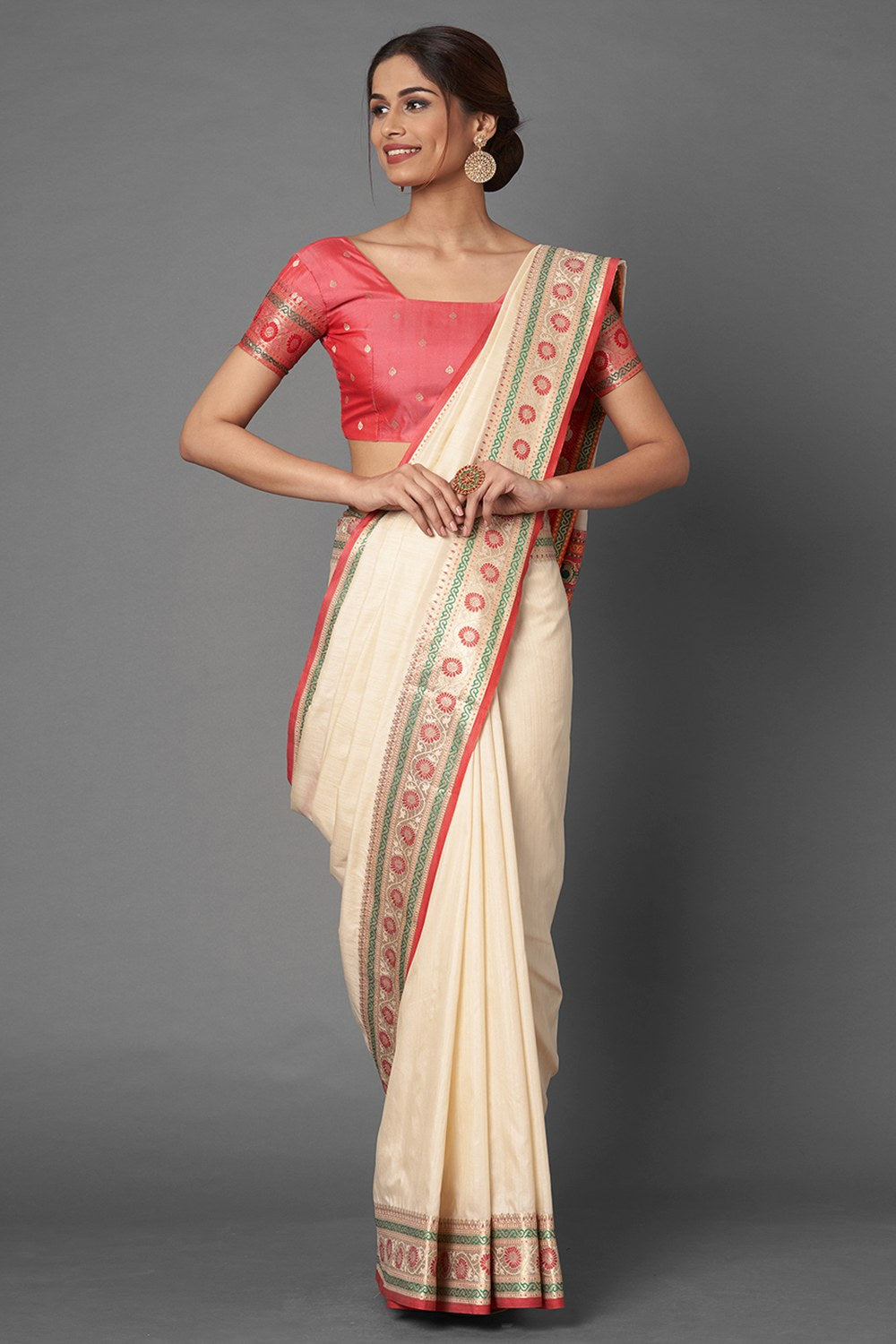 Buy Aliya Cream Woven Silk Blend One Minute Saree Online - One Minute Saree