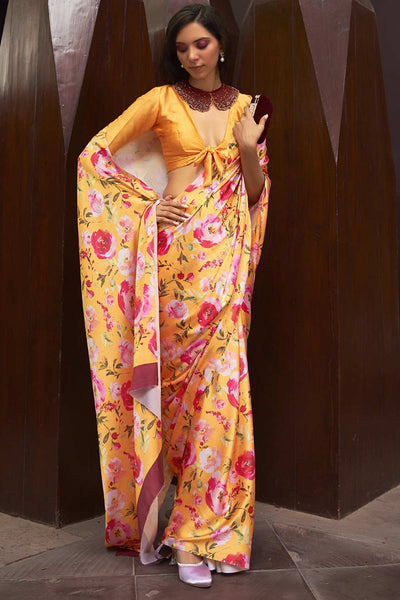 Buy Sarah Yellow Satin Silk Floral Print One Minute Saree Online - One Minute Saree