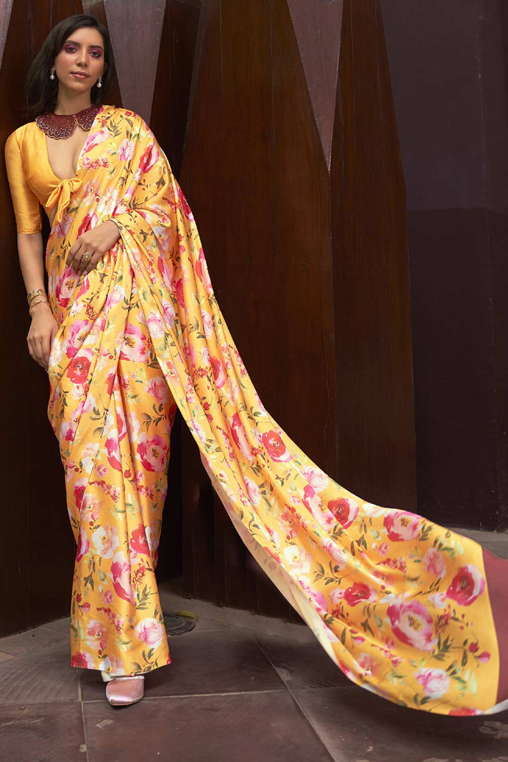 Shop Sarah Yellow Satin Silk Floral Print One Minute Saree at best offer at our  Store - One Minute Saree