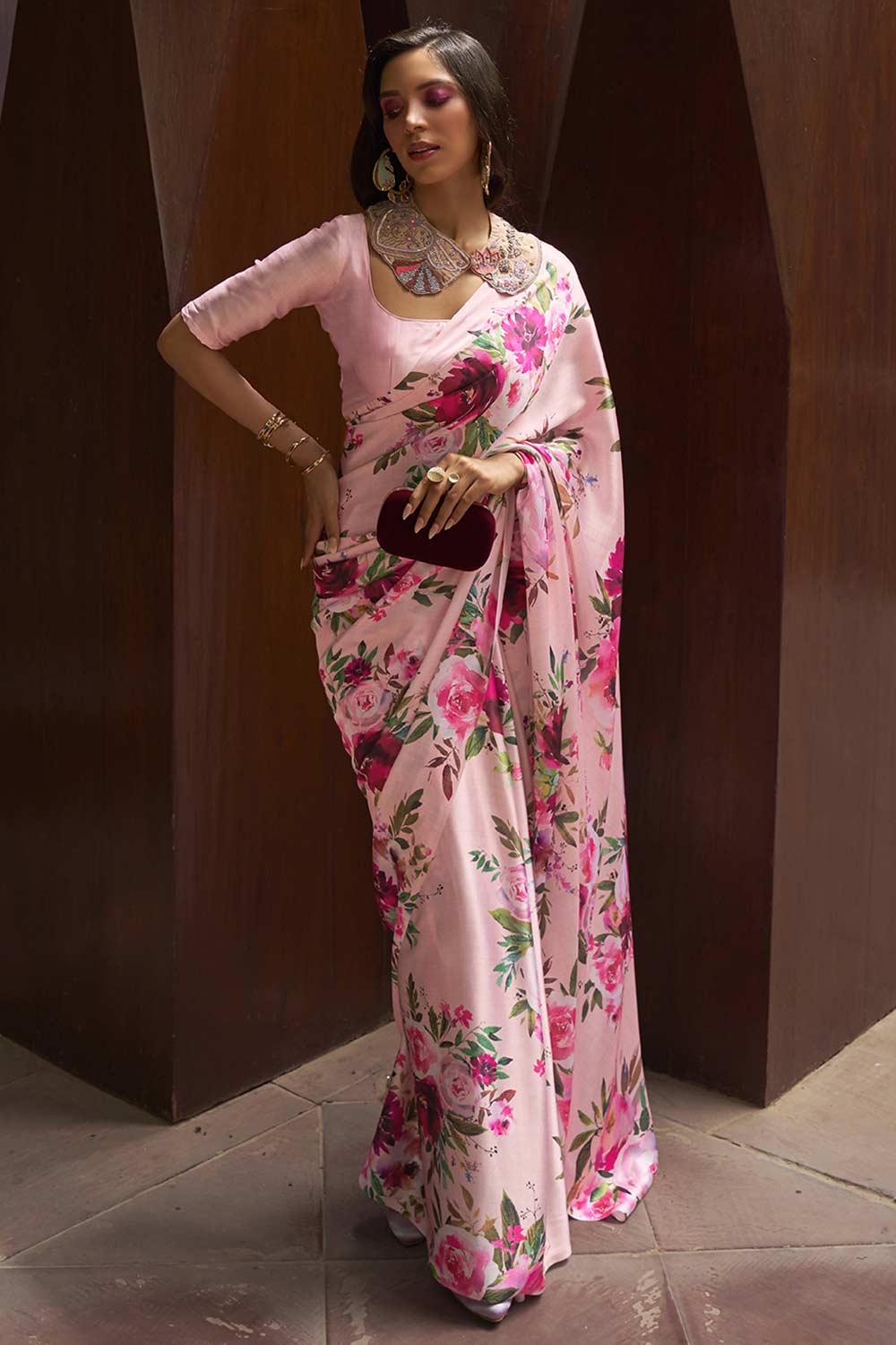 Buy Sanya Pink Satin Silk Floral Print One Minute Saree Online - One Minute Saree