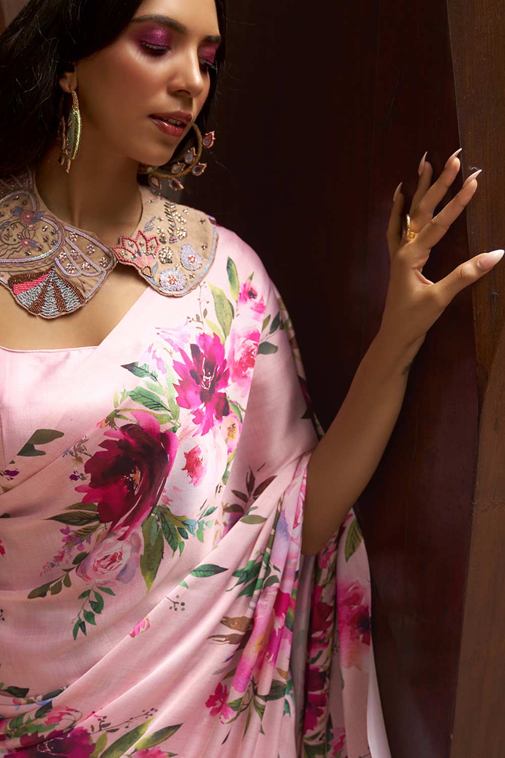 Buy Sanya Pink Satin Silk Floral Print One Minute Saree Online - One Minute Saree