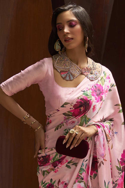 Buy Sanya Pink Satin Silk Floral Print One Minute Saree Online