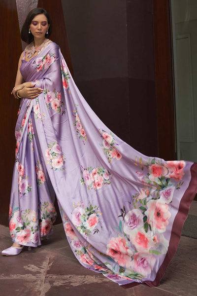 Shop Ella Lavender Satin Silk Floral Print One Minute Saree at best offer at our  Store - One Minute Saree