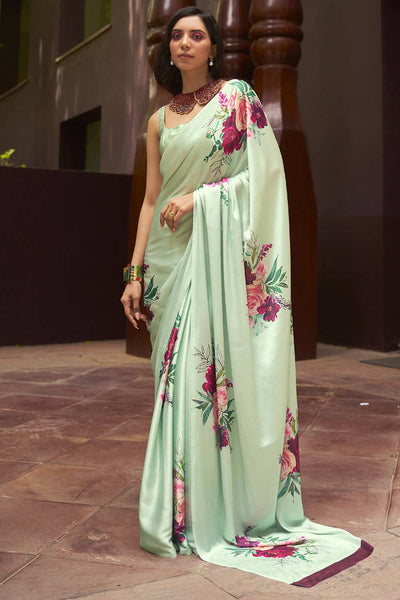 Buy Nadia Light Green Satin Silk Floral Print One Minute Saree Online - One Minute Saree