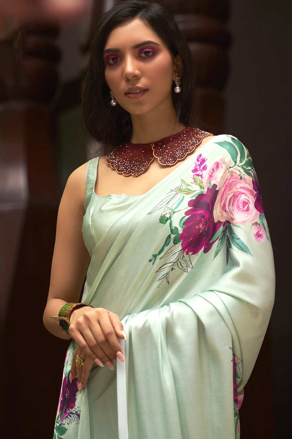 Shop Nadia Light Green Satin Silk Floral Print One Minute Saree at best offer at our  Store - One Minute Saree