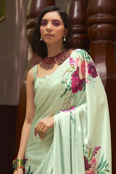 Buy Nadia Light Green Satin Silk Floral Print One Minute Saree Online