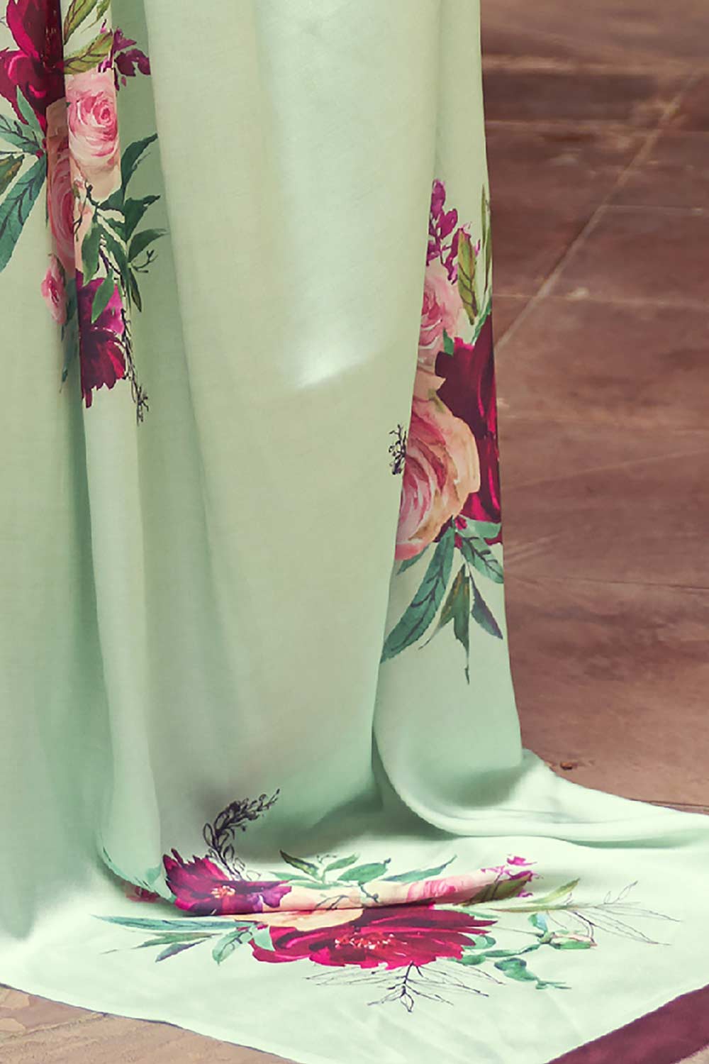 Buy Nadia Light Green Satin Silk Floral Print One Minute Saree Online - Back