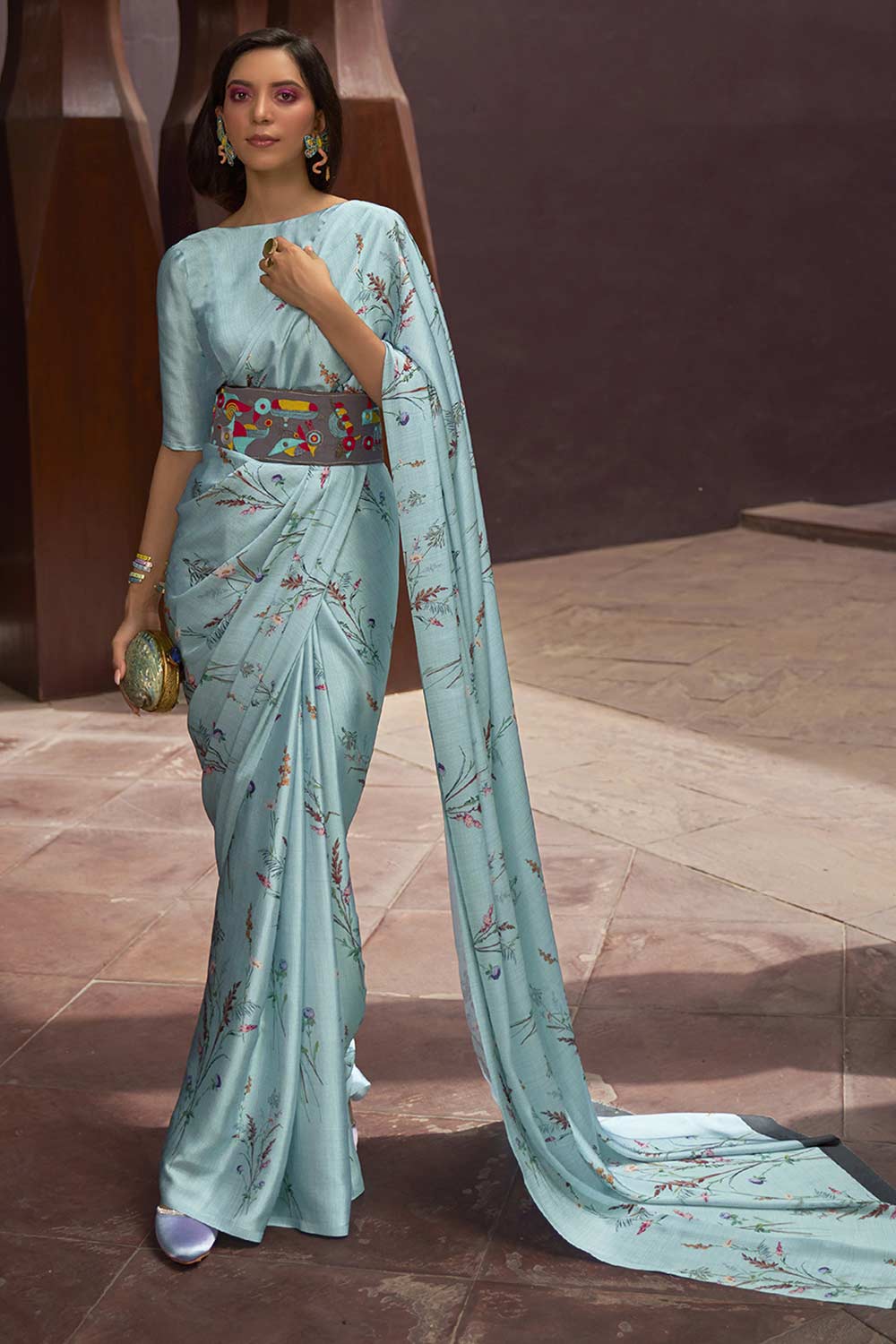 Buy Radha Turquoise Satin Silk Floral Print One Minute Saree Online - One Minute Saree