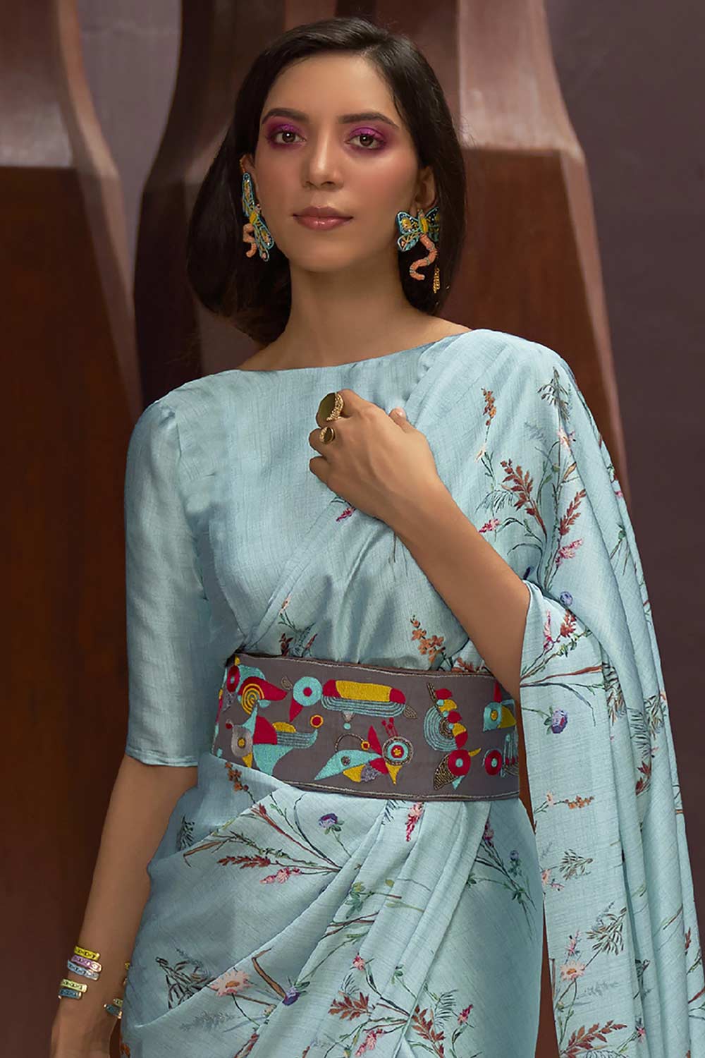 Buy Radha Turquoise Satin Silk Floral Print One Minute Saree Online