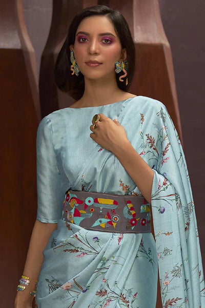 Buy Radha Turquoise Satin Silk Floral Print One Minute Saree Online