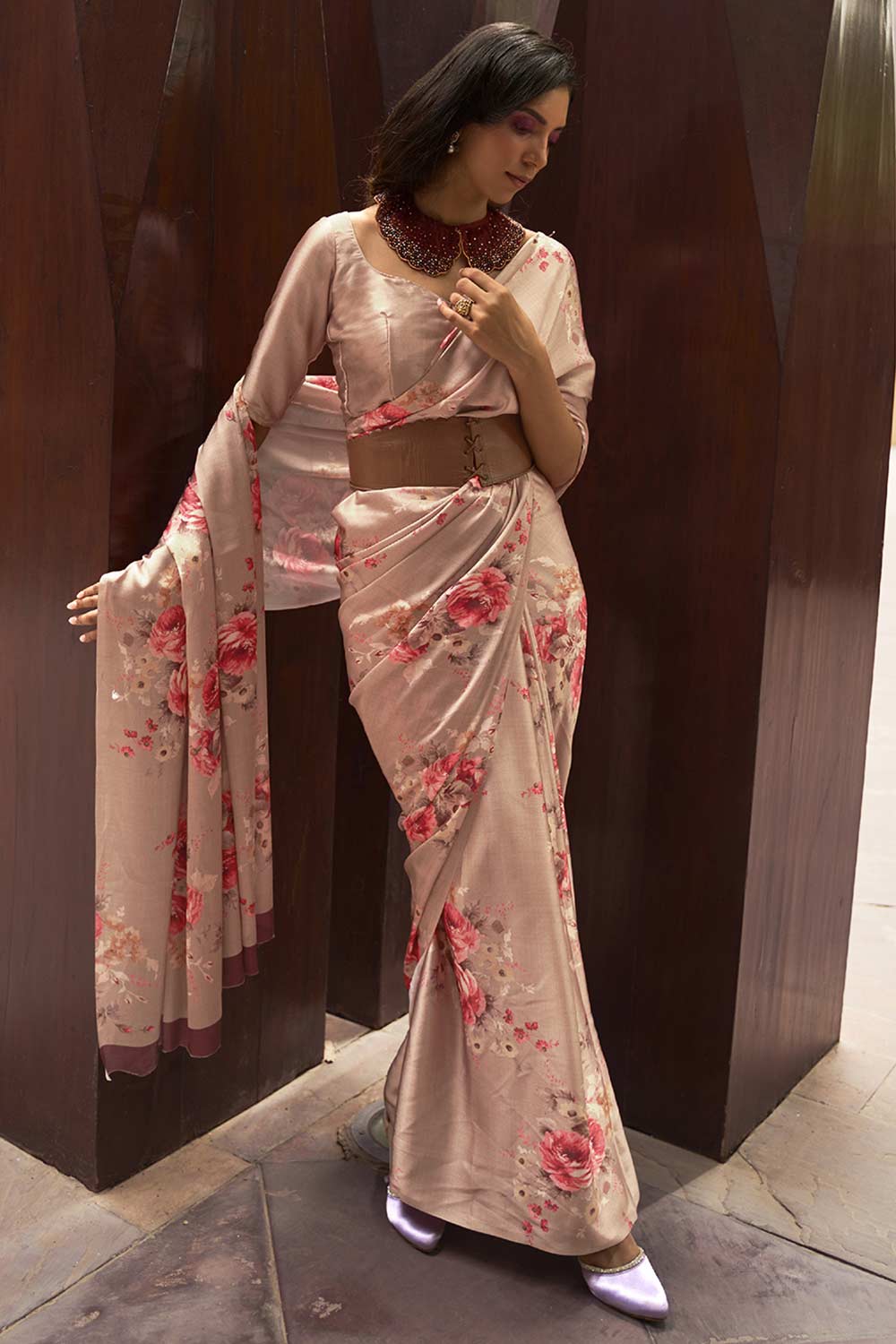 Buy Lisa Beige Satin Silk Floral Print One Minute Saree Online - One Minute Saree