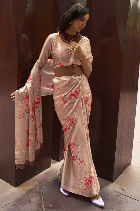 Buy Lisa Beige Satin Silk Floral Print One Minute Saree Online - One Minute Saree