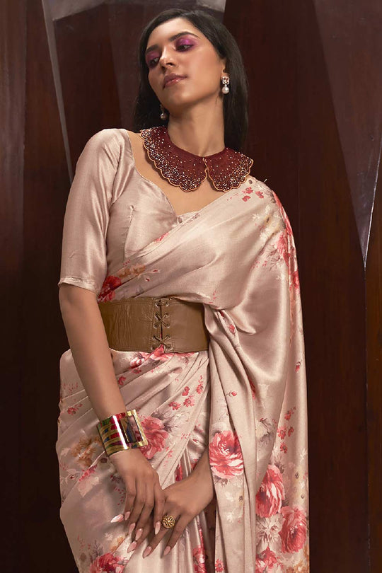 Buy Lisa Beige Satin Silk Floral Print One Minute Saree Online