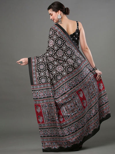 Shop Mehak Black Silk Blend Block Print Ajrakh One Minute Saree at best offer at our  Store - One Minute Saree