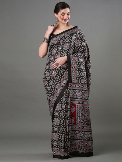 Buy Mehak Black Silk Blend Block Print Ajrakh One Minute Saree Online