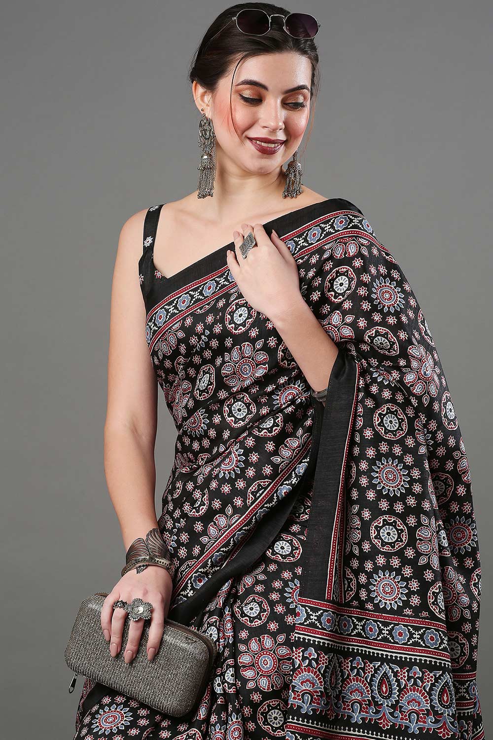 Buy Mehak Black Silk Blend Block Print Ajrakh One Minute Saree Online - One Minute Saree